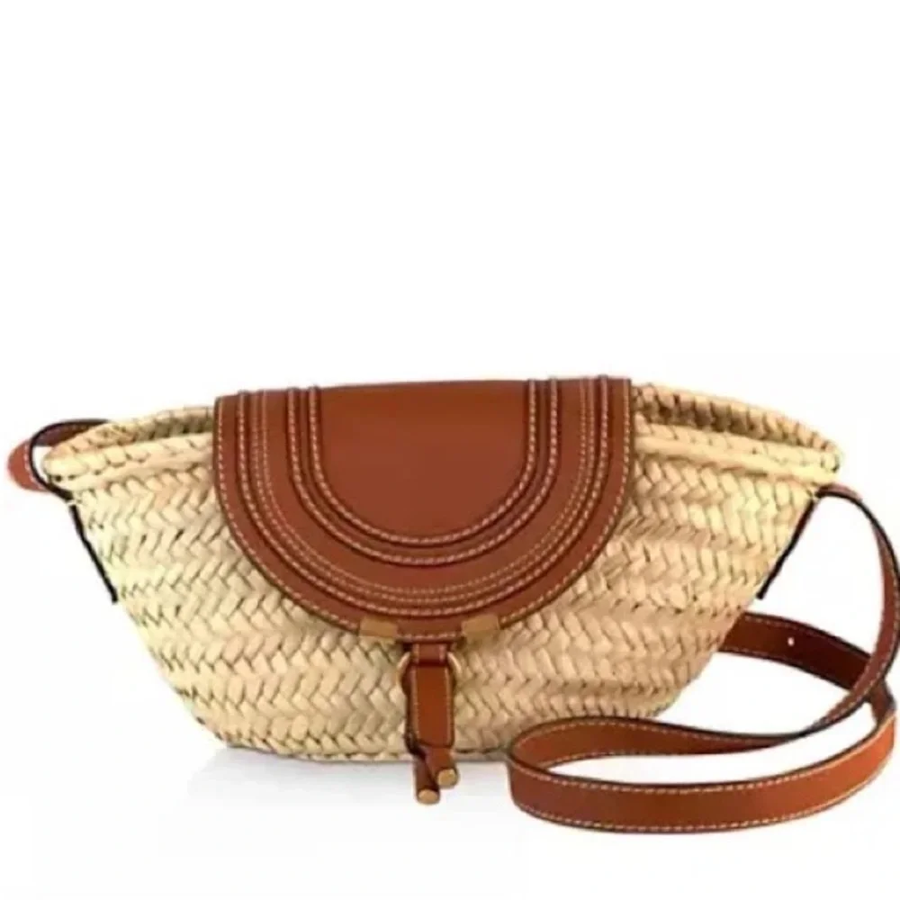 Chloe Marcie leather & raffia Tan Woven shoulder Bag basket crossbody - Picture 2 of 16
